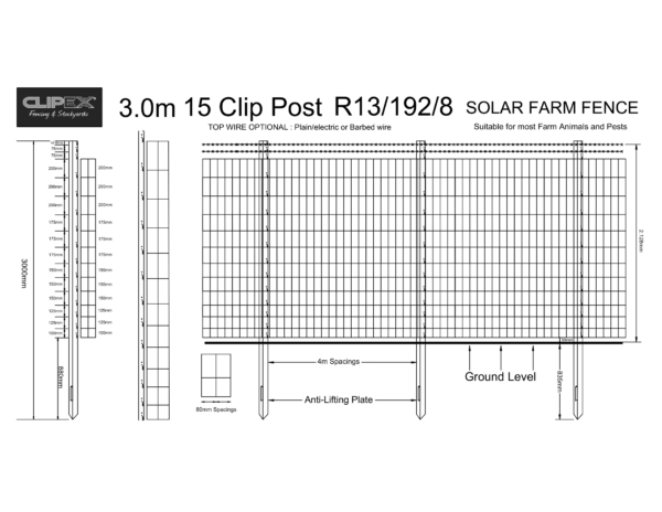 3.0m 15clip fence post R13-192-8 Solar Farm Fence wire netting / mesh